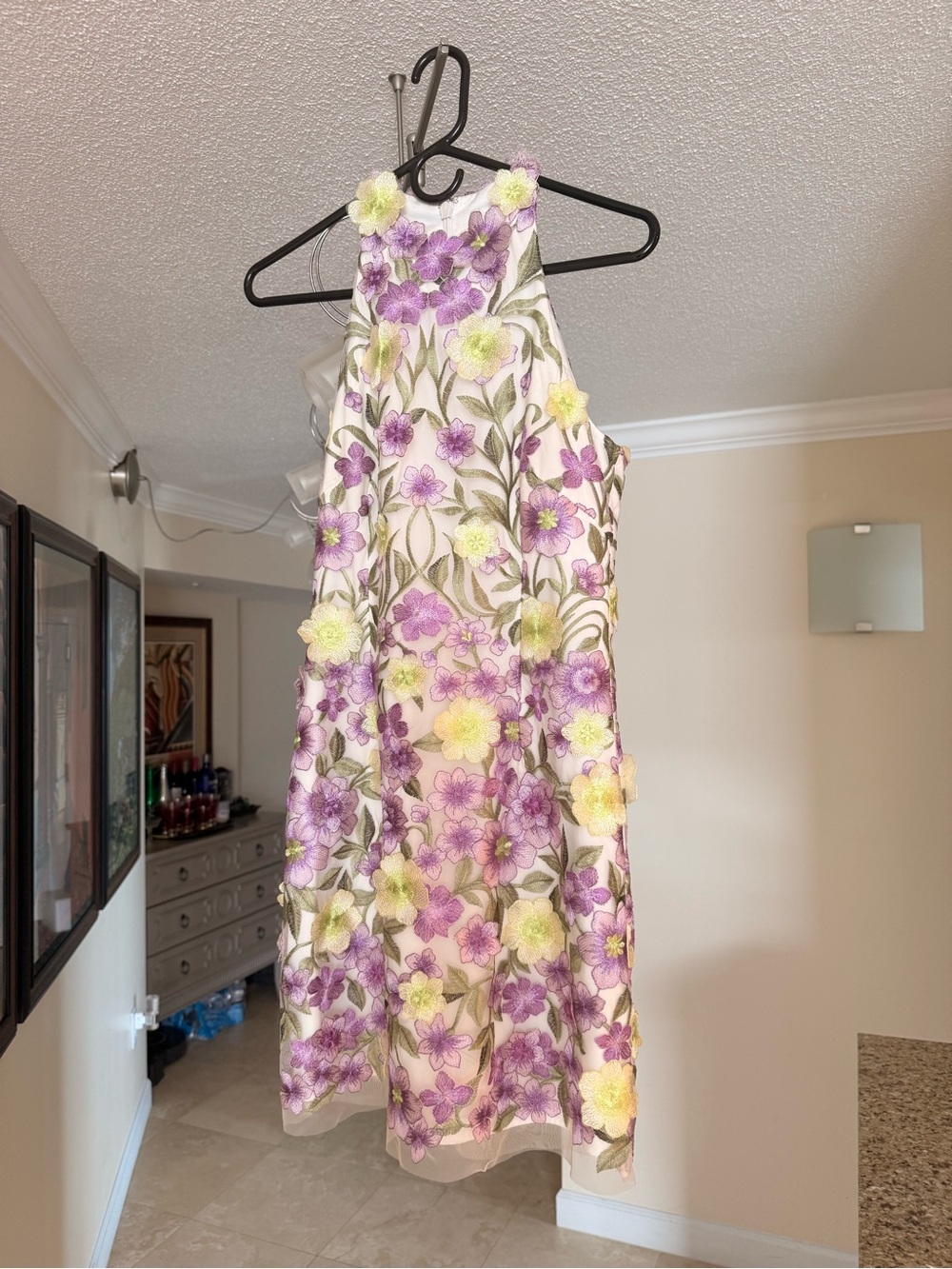 Muse Floral Embroidered White Midi Dress with Purple & Yellow Blooms